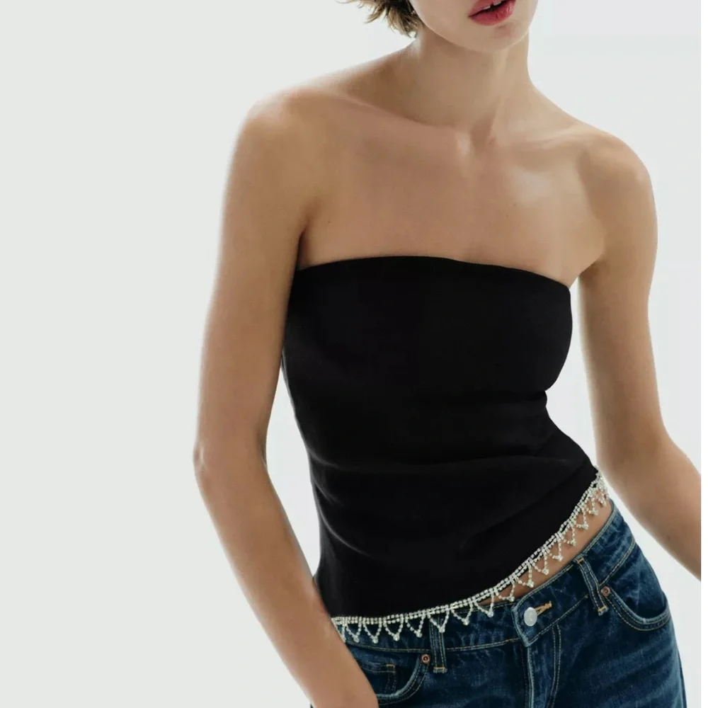 NWT Zara Black Strapless Crop Top with Beaded Hem XS NEW